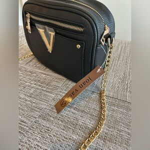 Joan Vass 🌷 Black Leather Camera Crossbody Chain Shoulder Gold Logo Bag New✨